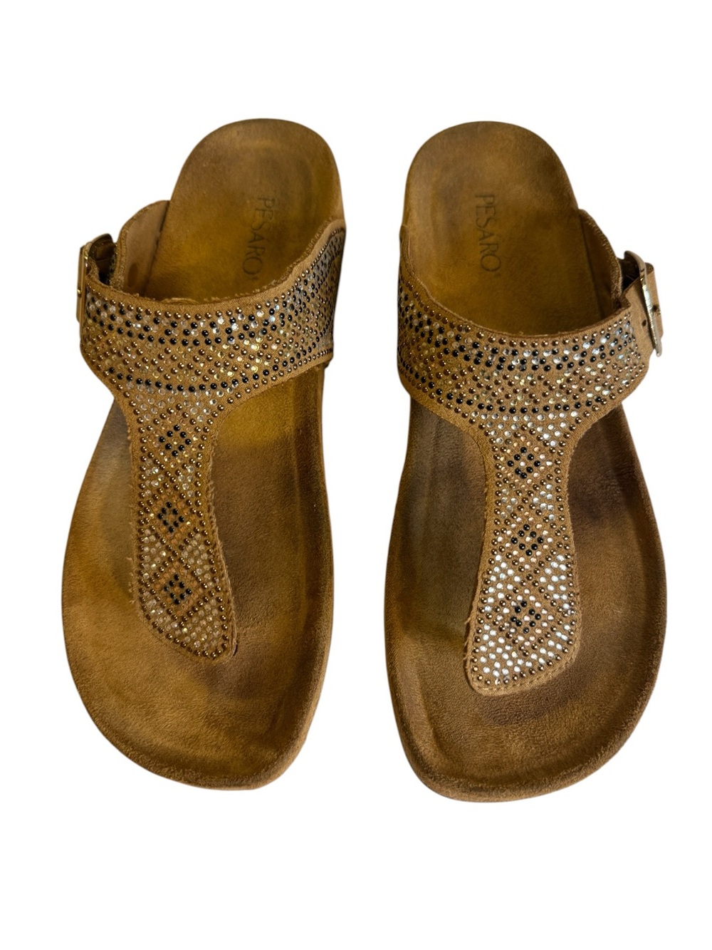 Pesaro Claire Rhinestone T-Strap Comfort Sandals Size 8 Brown Tan Slide Sandals